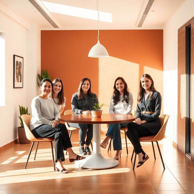 Retrato del equipo de consultoría editorial de seis personas en una oficina luminosa de Málaga