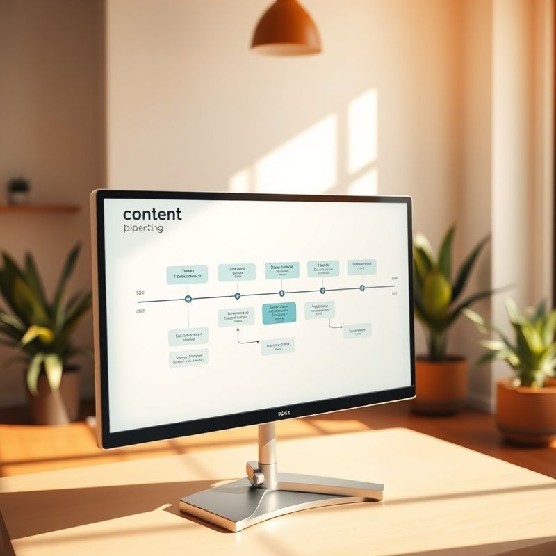 Diagrama de pipeline de contenido en pantalla con paleta azul, oficina moderna en Málaga
